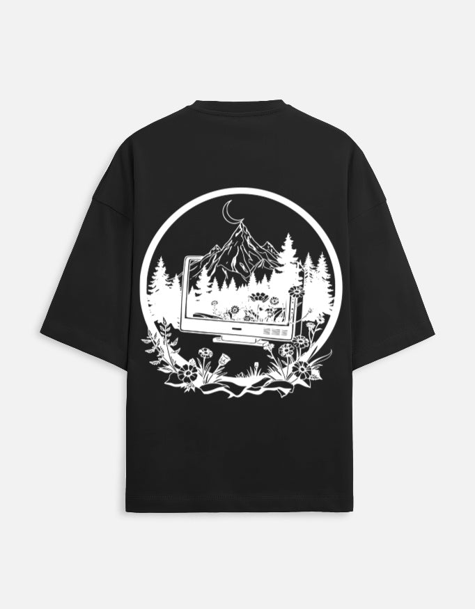 Digital Detox Oversized Graphic T-Shirt in Black — 260 GSM French Terry Drop Shoulder Tee | Trendmelo