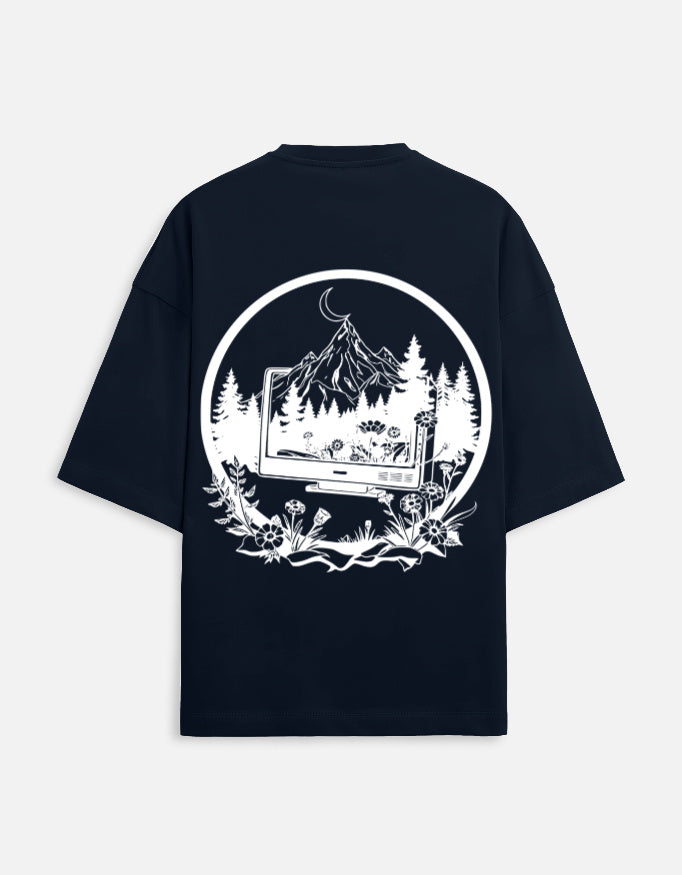 Digital Detox Oversized Graphic T-Shirt in Navy Blue — 260 GSM French Terry Unisex Tee | Trendmelo