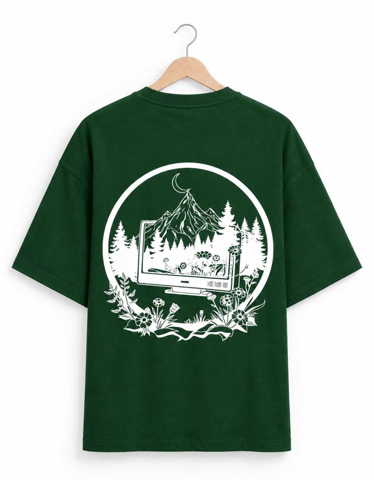 Digital Detox Oversized Tee in Bottle Green on Hanger — Back Graphic Print Drop Shoulder | Trendmelo