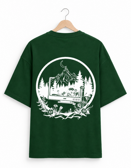 Digital Detox Oversized Tee in Bottle Green on Hanger — Back Graphic Print Drop Shoulder | Trendmelo