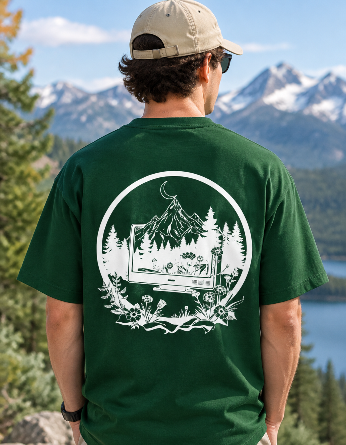 Model wearing Digital Detox Oversized Tee in Bottle Green outdoors — Unisex Streetwear Style | Trendmelo