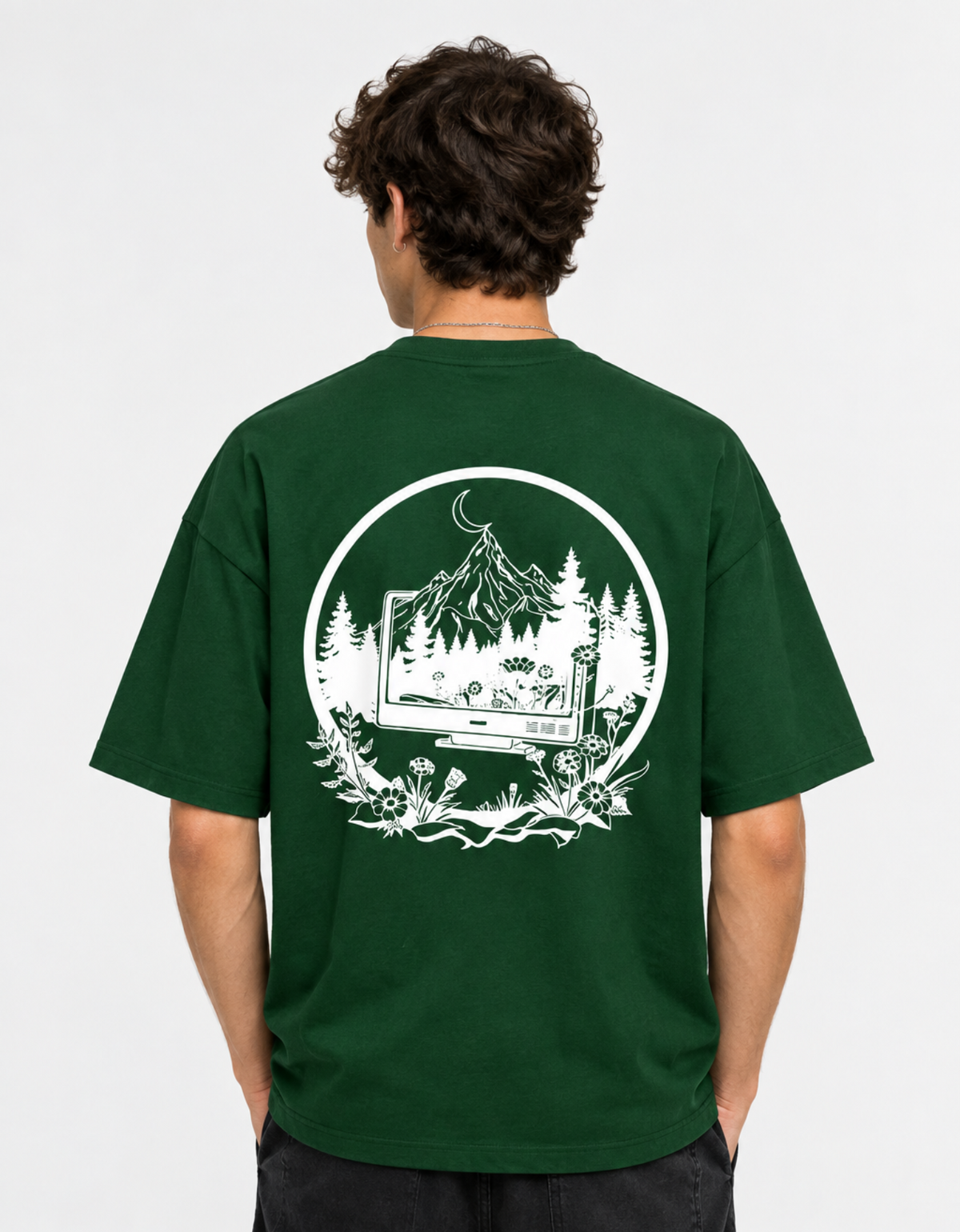 Digital Detox Oversized Graphic T-Shirt in Bottle Green — 260 GSM French Terry Drop Shoulder Tee | Trendmelo