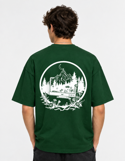 Digital Detox Oversized Graphic T-Shirt in Bottle Green — 260 GSM French Terry Drop Shoulder Tee | Trendmelo