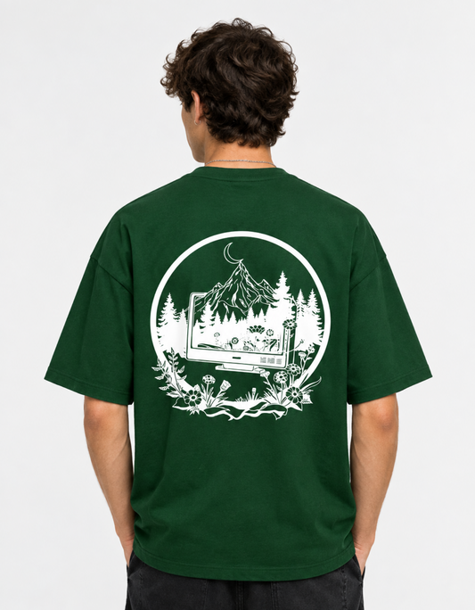 Digital Detox Oversized Graphic T-Shirt in Bottle Green — 260 GSM French Terry Drop Shoulder Tee | Trendmelo