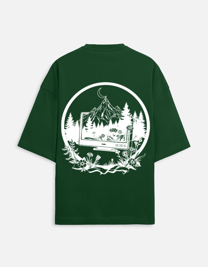 Back view of Digital Detox Oversized Graphic Tee in Bottle Green — Drop Shoulder Streetwear Fit | Trendmelo