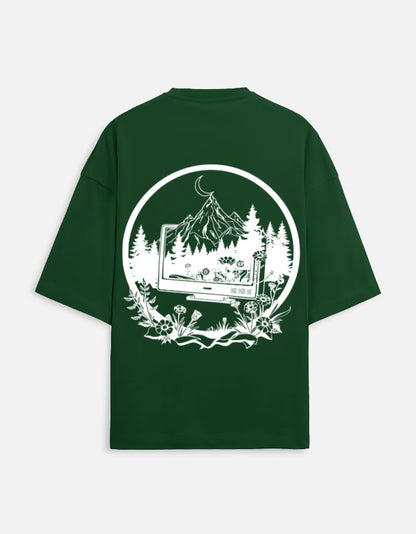 Back view of Digital Detox Oversized Graphic Tee in Bottle Green — Drop Shoulder Streetwear Fit | Trendmelo