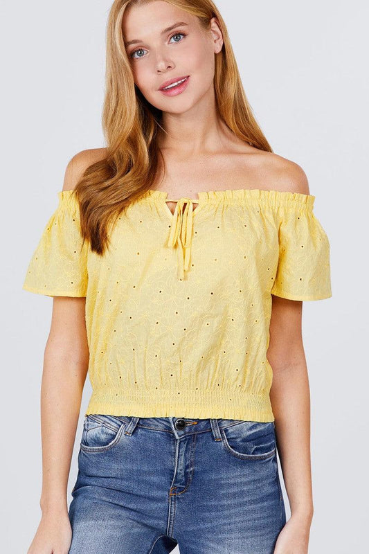 Trendmelo Lemon Yellow Short Sleeve Summer Peasant Blouse for Women - Off The Shoulder Eyelet Lace Women's Casual Top