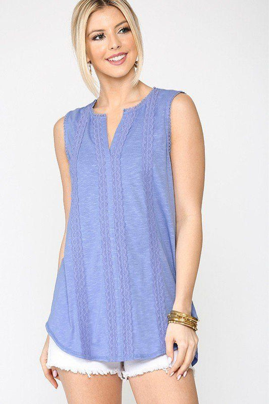 Trendmelo Women's Sleeveless Lace Trim Tunic Top with Scoop Hem in Denim Blue