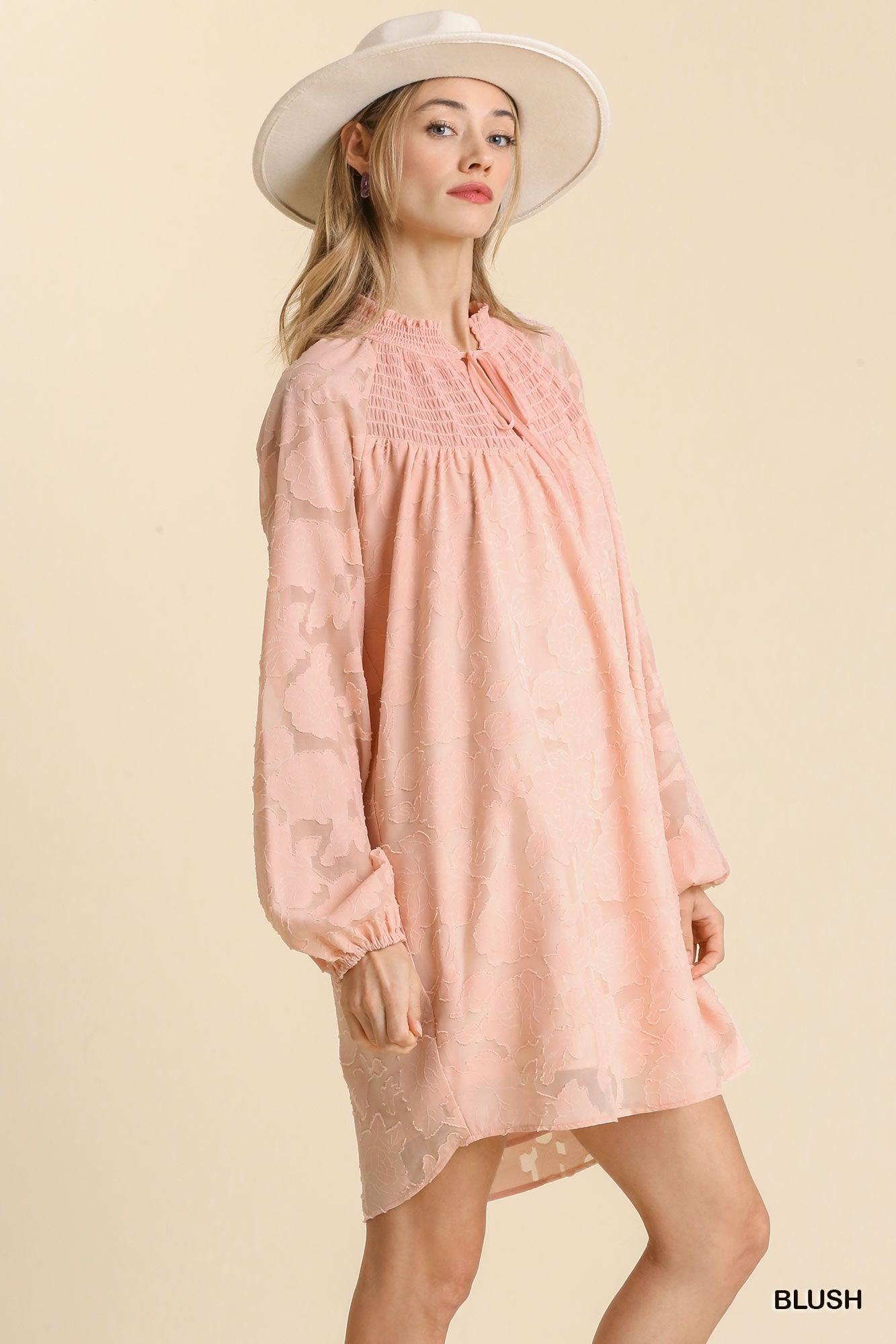 Trendmelo Jacquard Raglan Smocked Tie Neck Yoke Dress