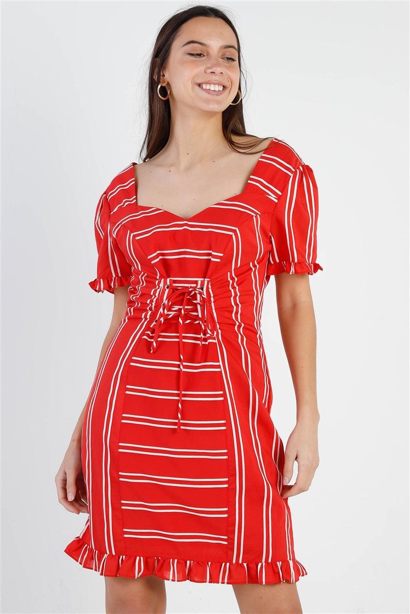 Trendmelo Red Stripe Lace Up Front Detail Ruffle Trim Balloon Sleeve Dress