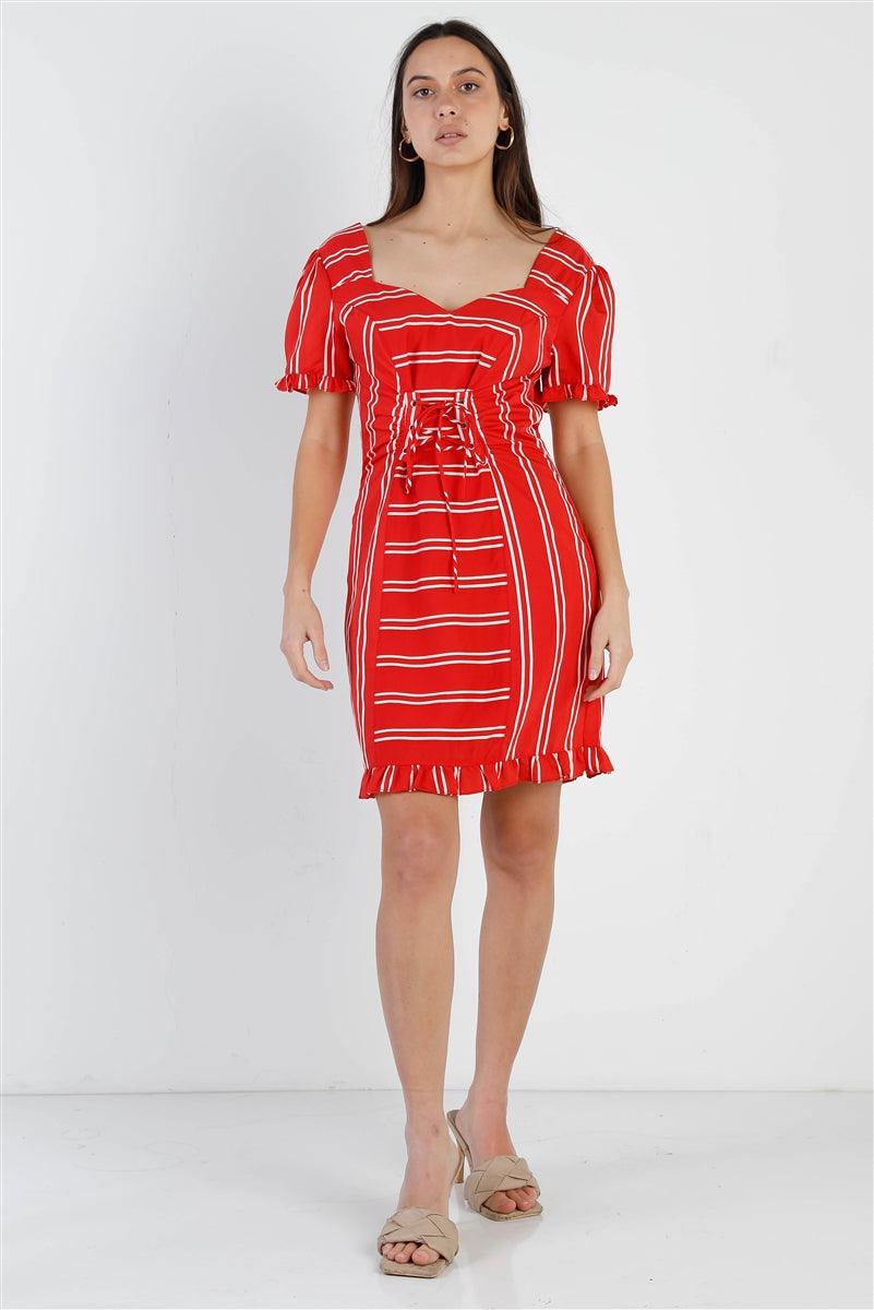 Trendmelo Red Stripe Lace Up Front Detail Ruffle Trim Balloon Sleeve Dress