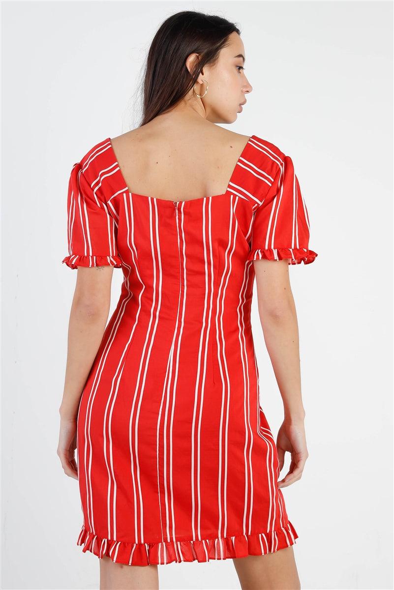 Trendmelo Red Stripe Lace Up Front Detail Ruffle Trim Balloon Sleeve Dress