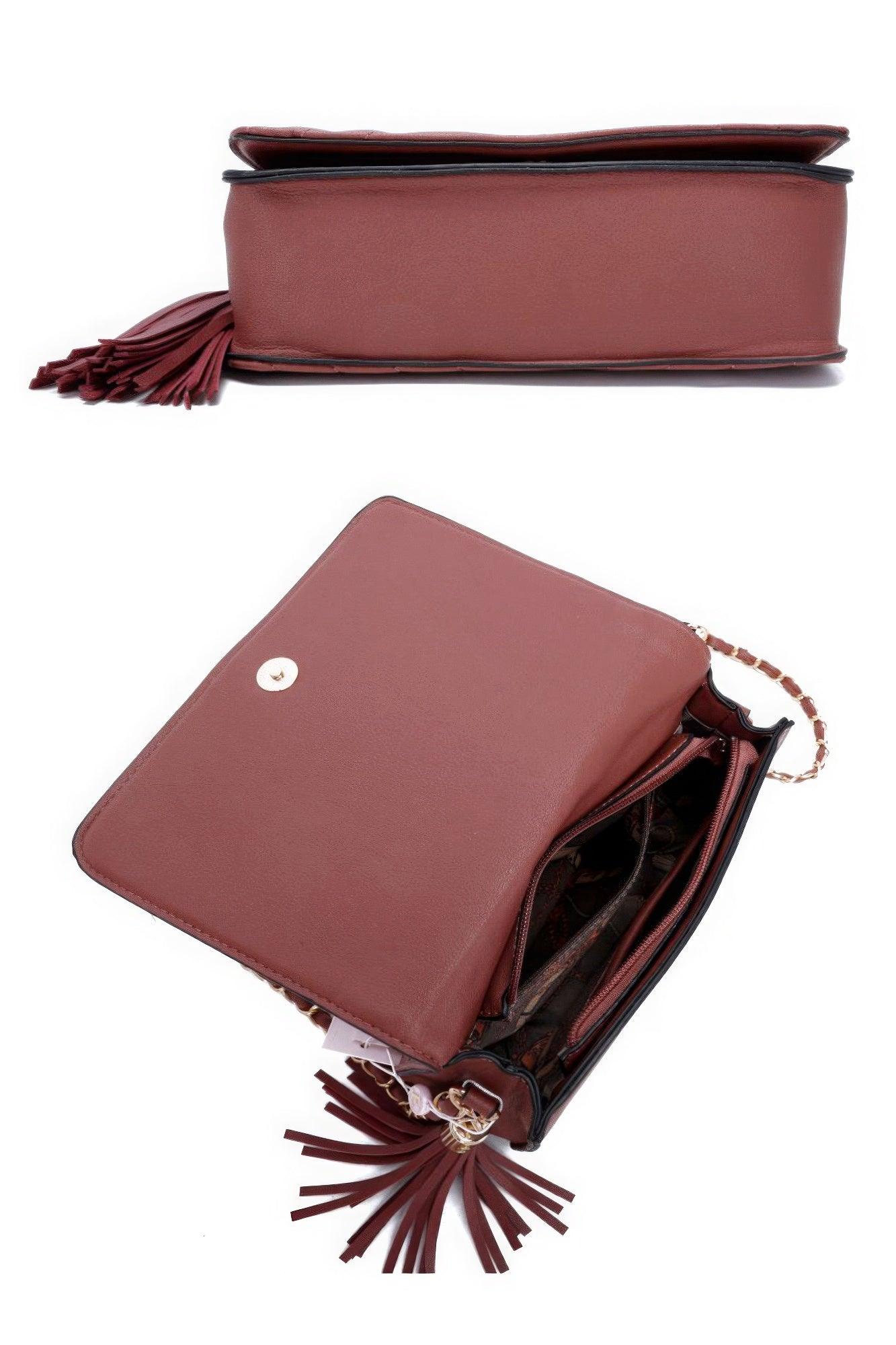 Trendmelo Fashion Double Metal Pattern Stitching Tassel Crossbody Bag