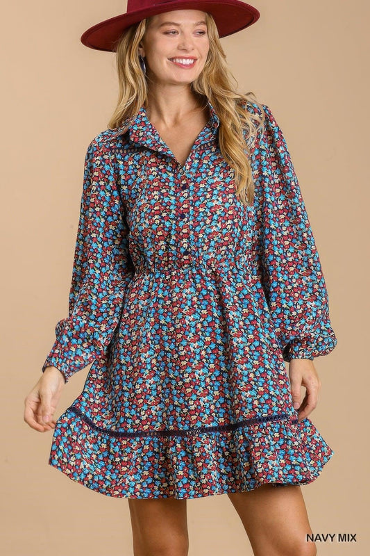 Trendmelo Collared neckline button down floral print dress with crochet trimmed details