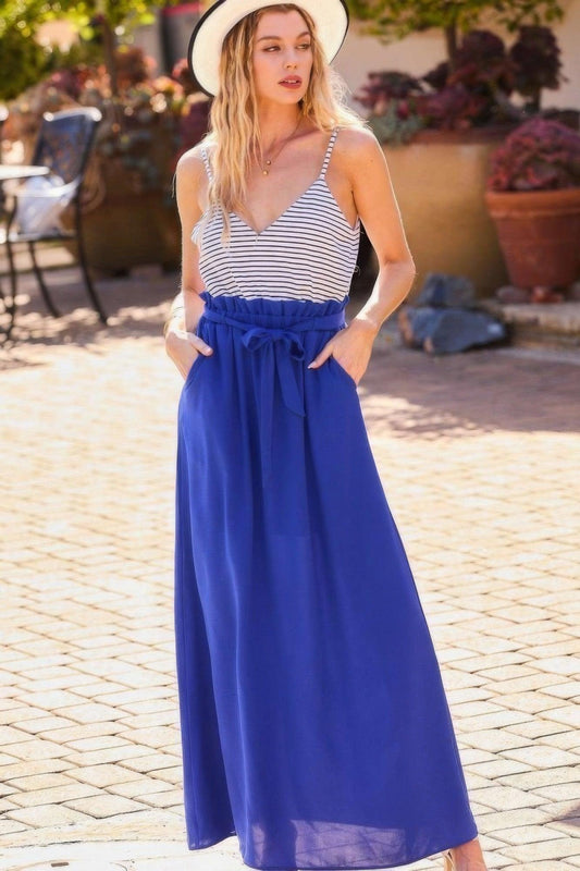 Trendmelo Striped Print Cami Sol Top Hi-waist Skirt Side Pocket Maxi Dress