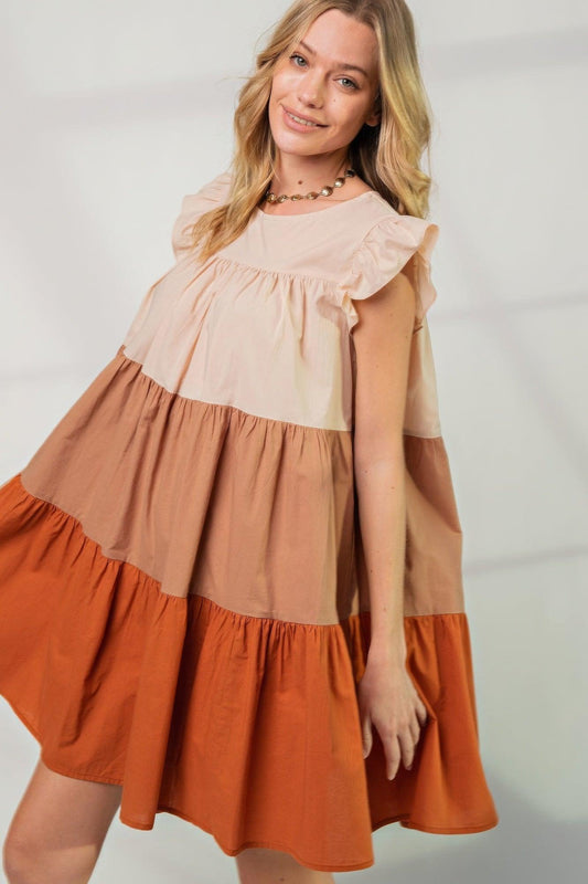 Trendmelo Poplin Tiered Color Block Dress