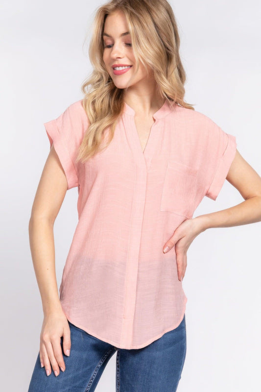 Trendmelo Dolman Sleeve Button Down Pink Top for Women with Open Neck and Pocket