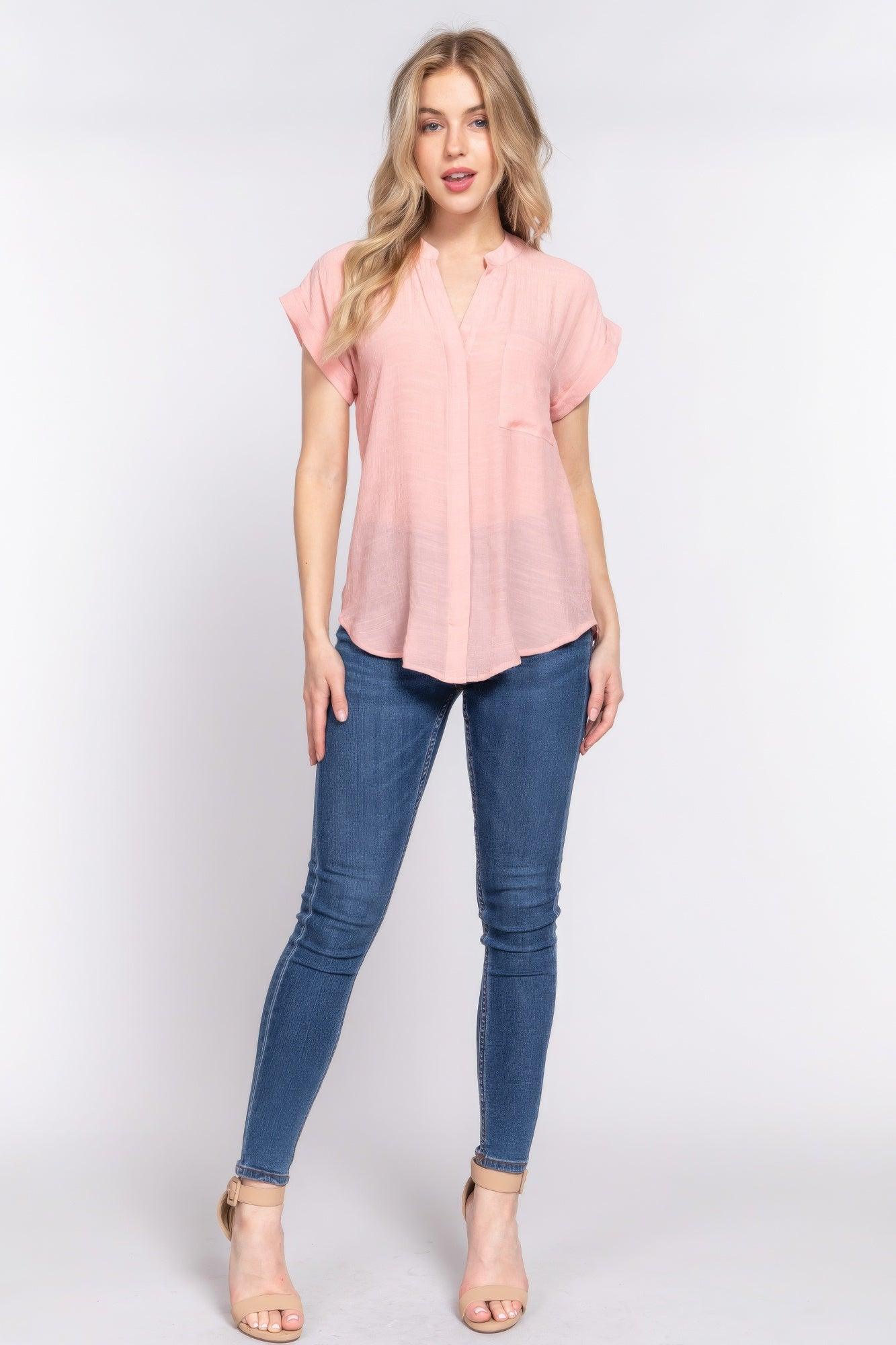 Trendmelo Dolman Sleeve Button Down Pink Top for Women with Open Neck and Pocket