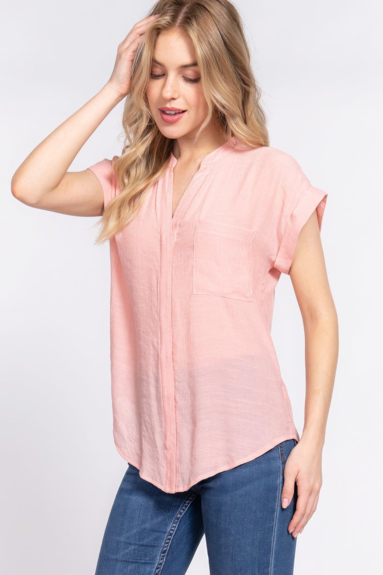 Trendmelo Dolman Sleeve Button Down Pink Top for Women with Open Neck and Pocket