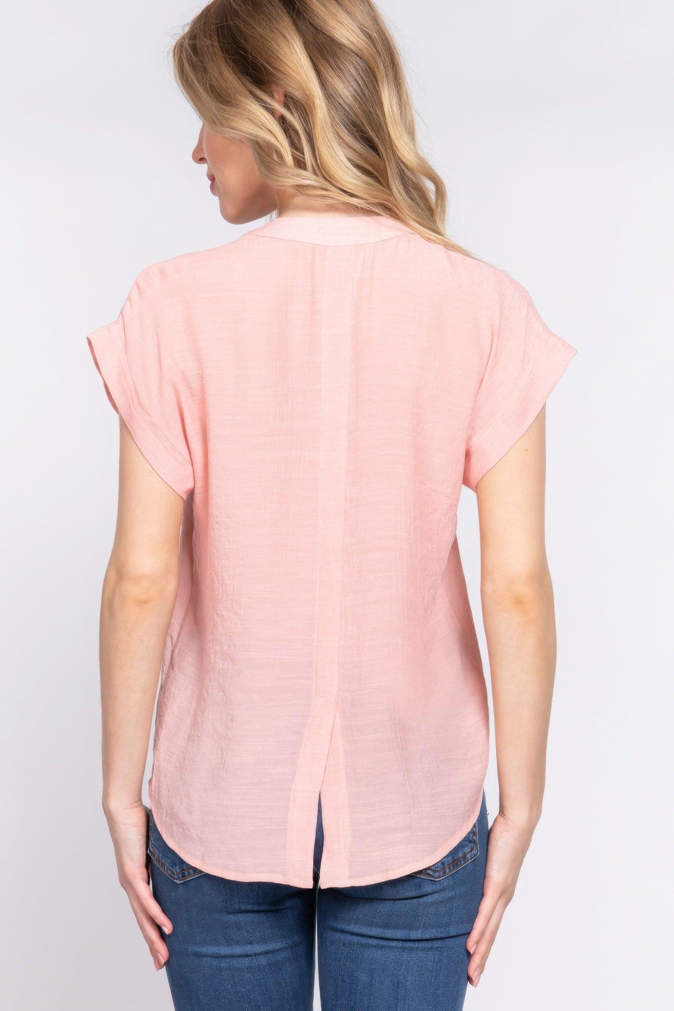 Trendmelo Dolman Sleeve Button Down Pink Top for Women with Open Neck and Pocket