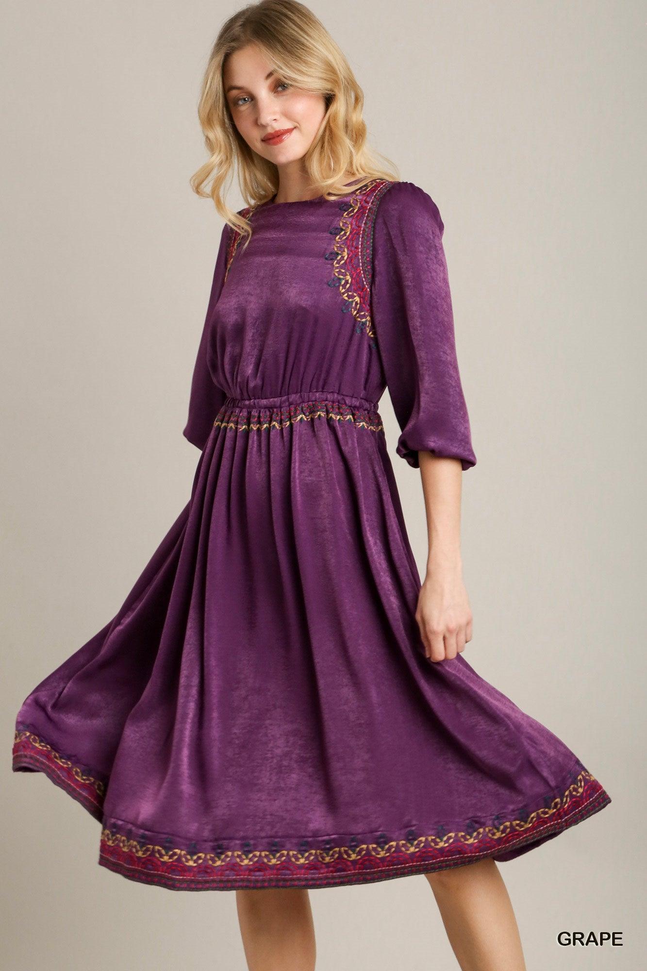 Trendmelo Satin Round Neck Embroidery Midi Dress