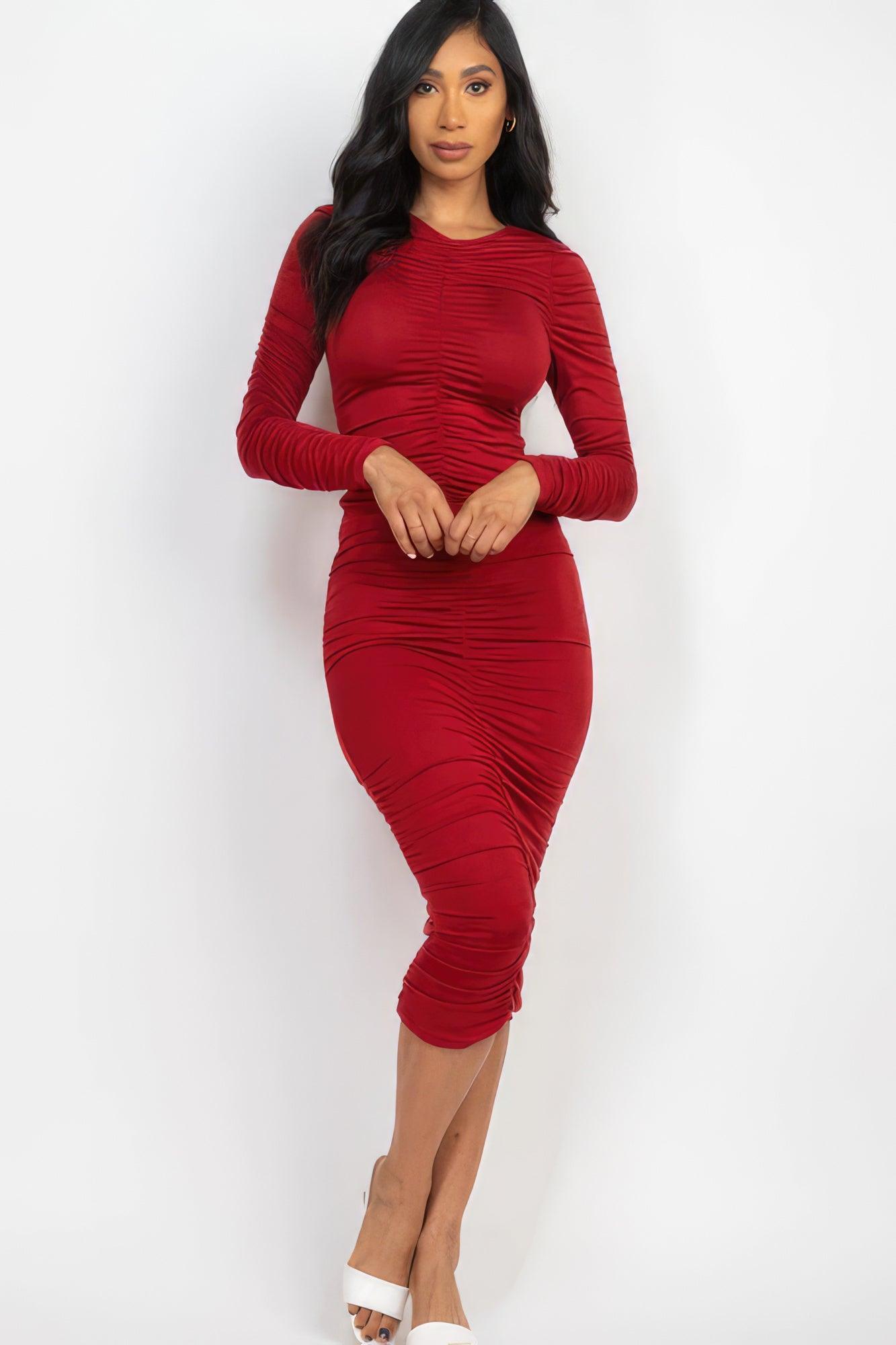 Trendmelo Ruched Long Sleeve Midi Dress