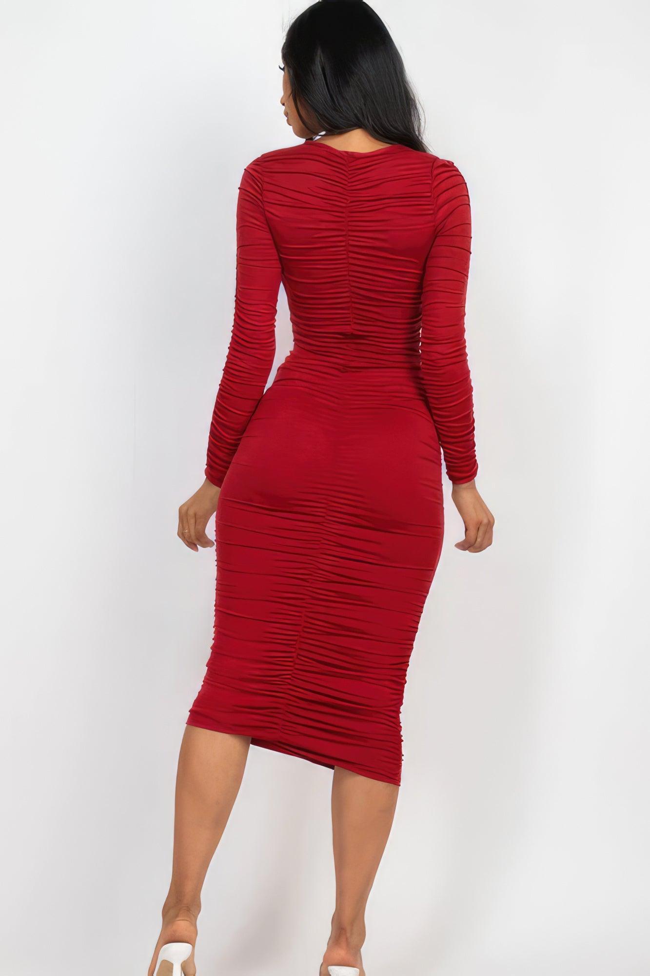 Trendmelo Ruched Long Sleeve Midi Dress