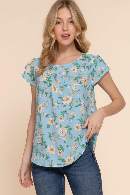 Trendmelo Floral Tulip Print Short Sleeve Woven Peasant Top for Women