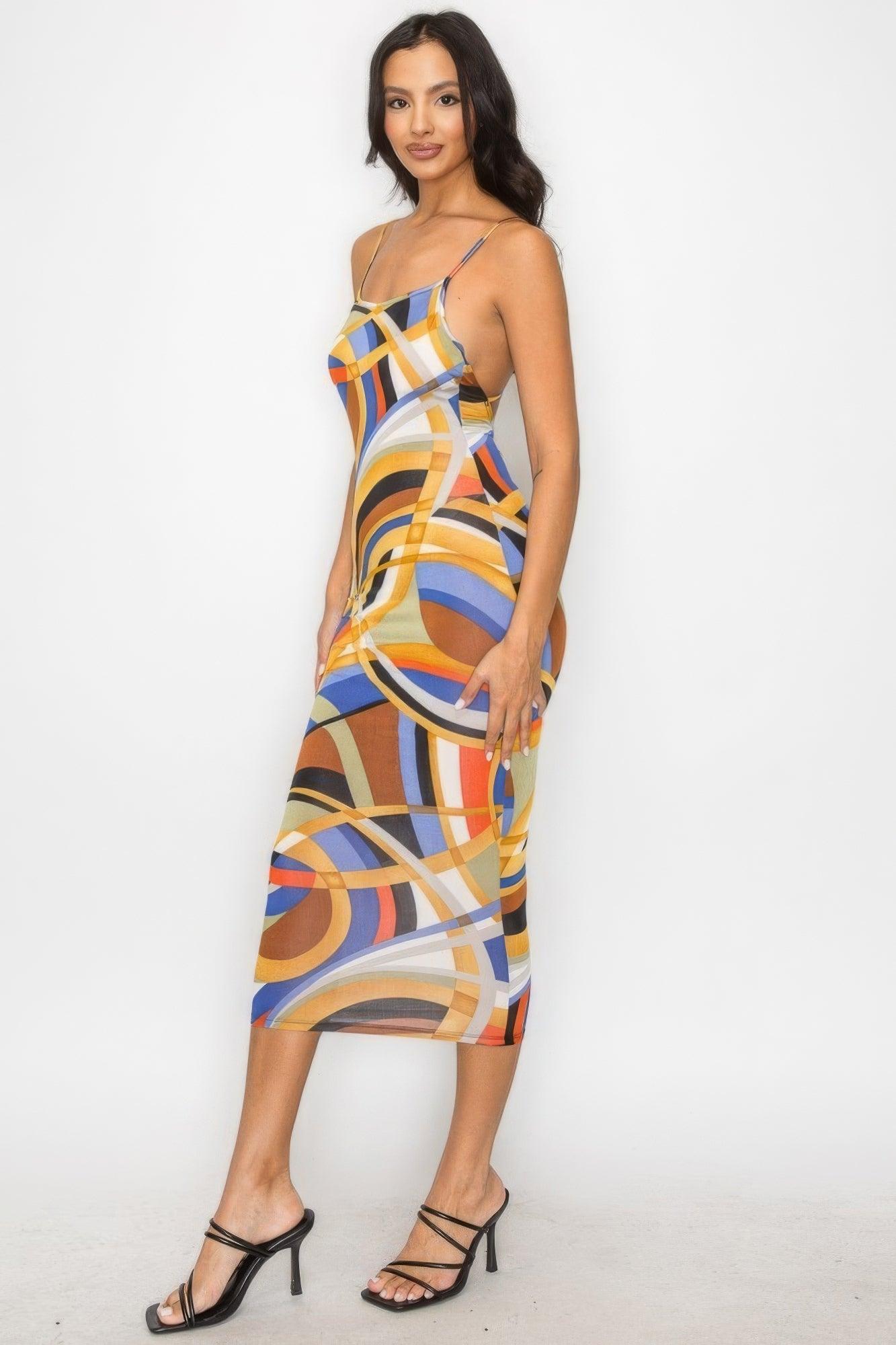 Trendmelo Crossed Back Marble Print Multicolor Midi Dress