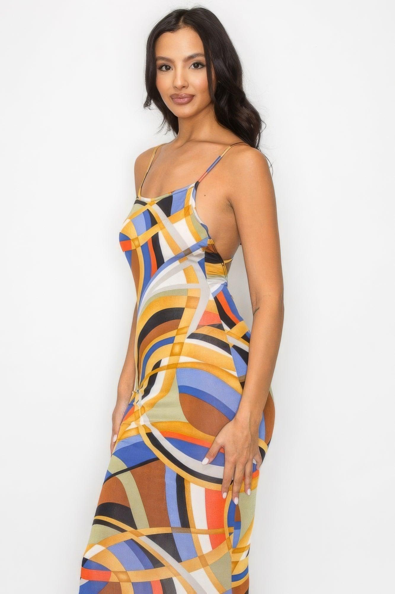 Trendmelo Crossed Back Marble Print Multicolor Midi Dress