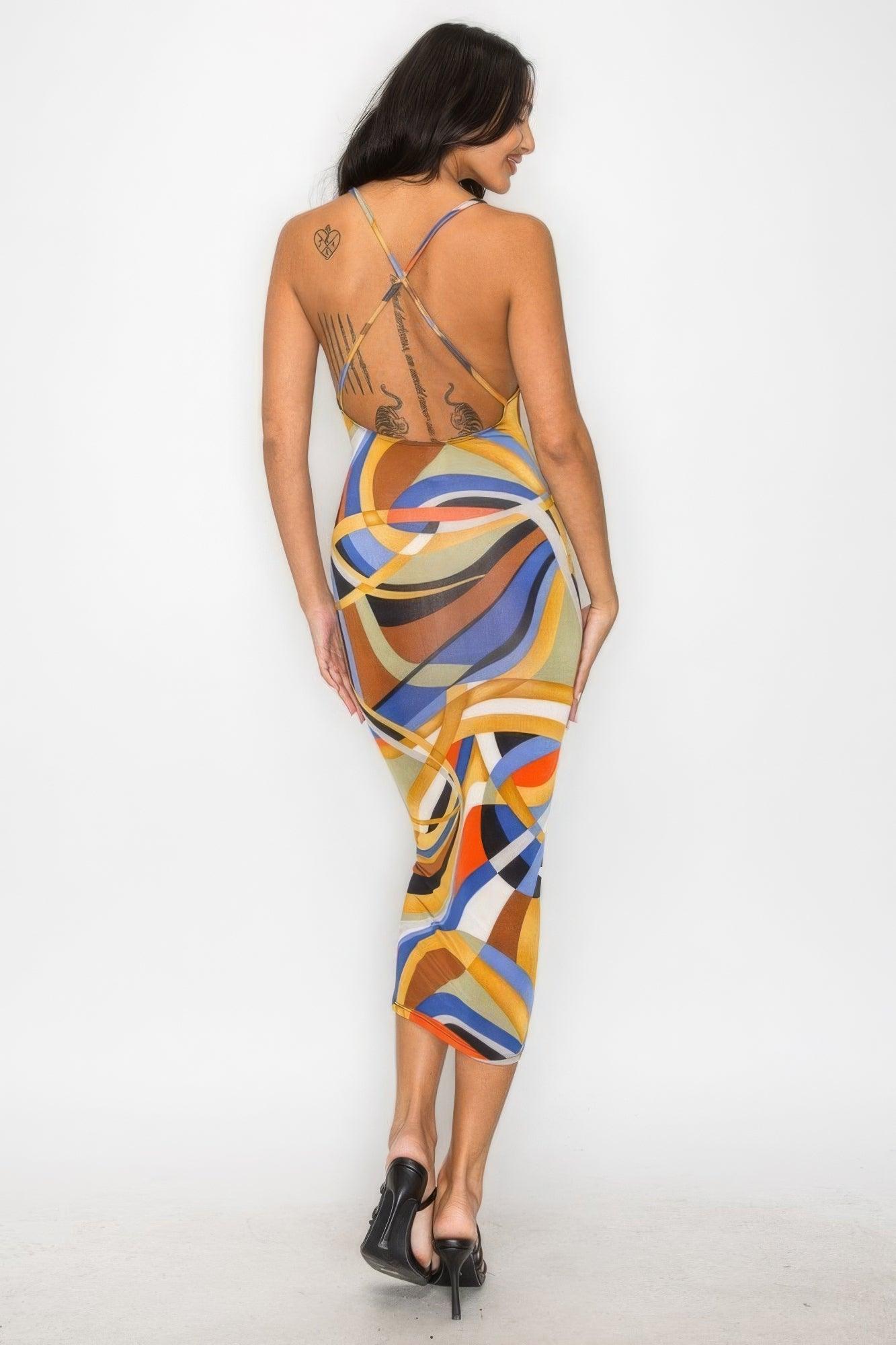 Trendmelo Crossed Back Marble Print Multicolor Midi Dress