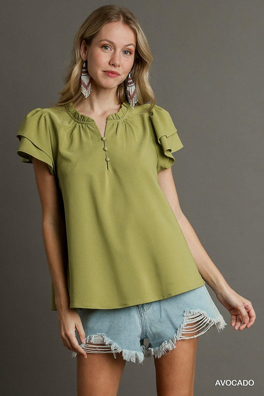 Trendmelo Avocado Boxy Cut Faux Button Short Layered Sleeve Top for Women