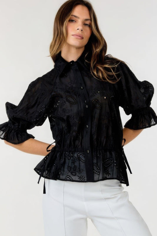 Trendmelo Black Embroidered Button-Down Collar Neck Top for Women