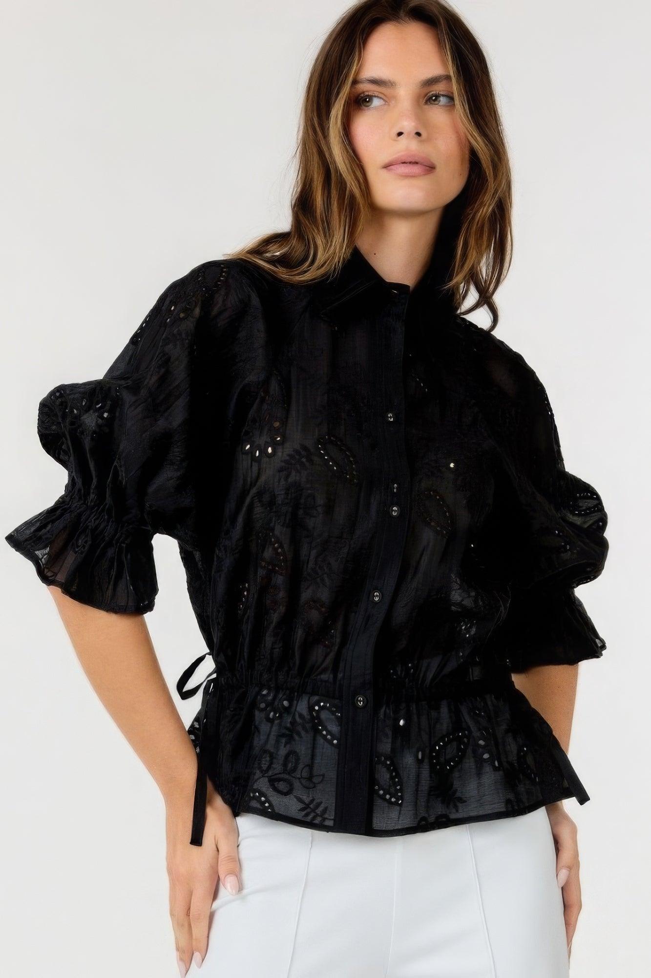 Trendmelo Black Embroidered Button-Down Collar Neck Top for Women