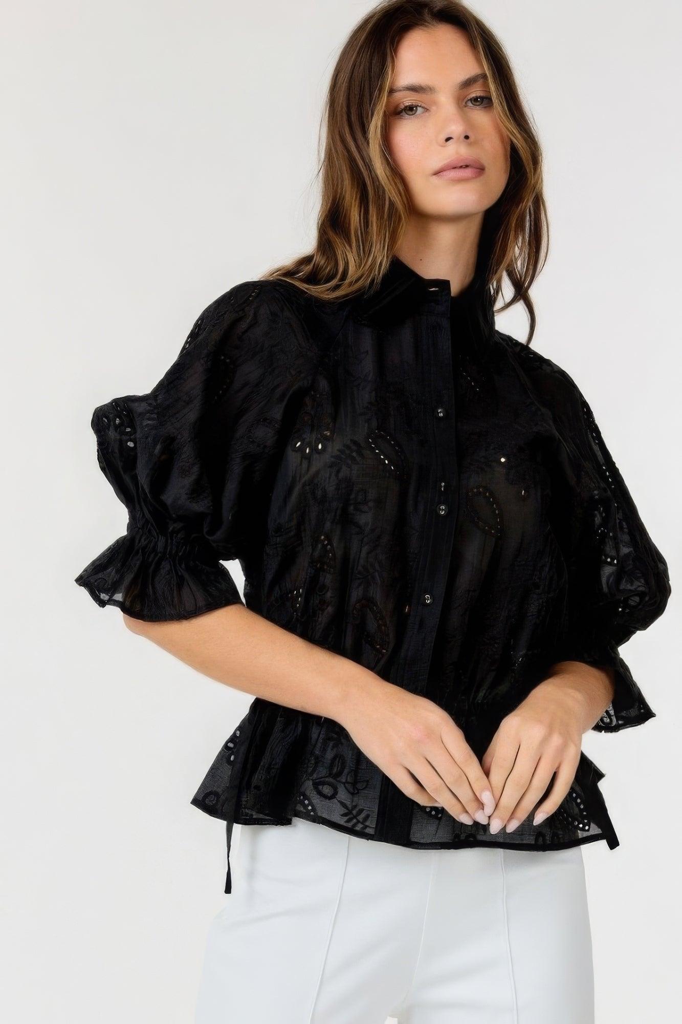 Trendmelo Black Embroidered Button-Down Collar Neck Top for Women