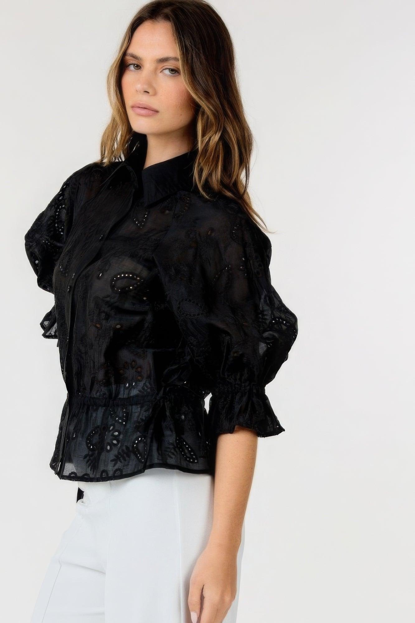 Trendmelo Black Embroidered Button-Down Collar Neck Top for Women