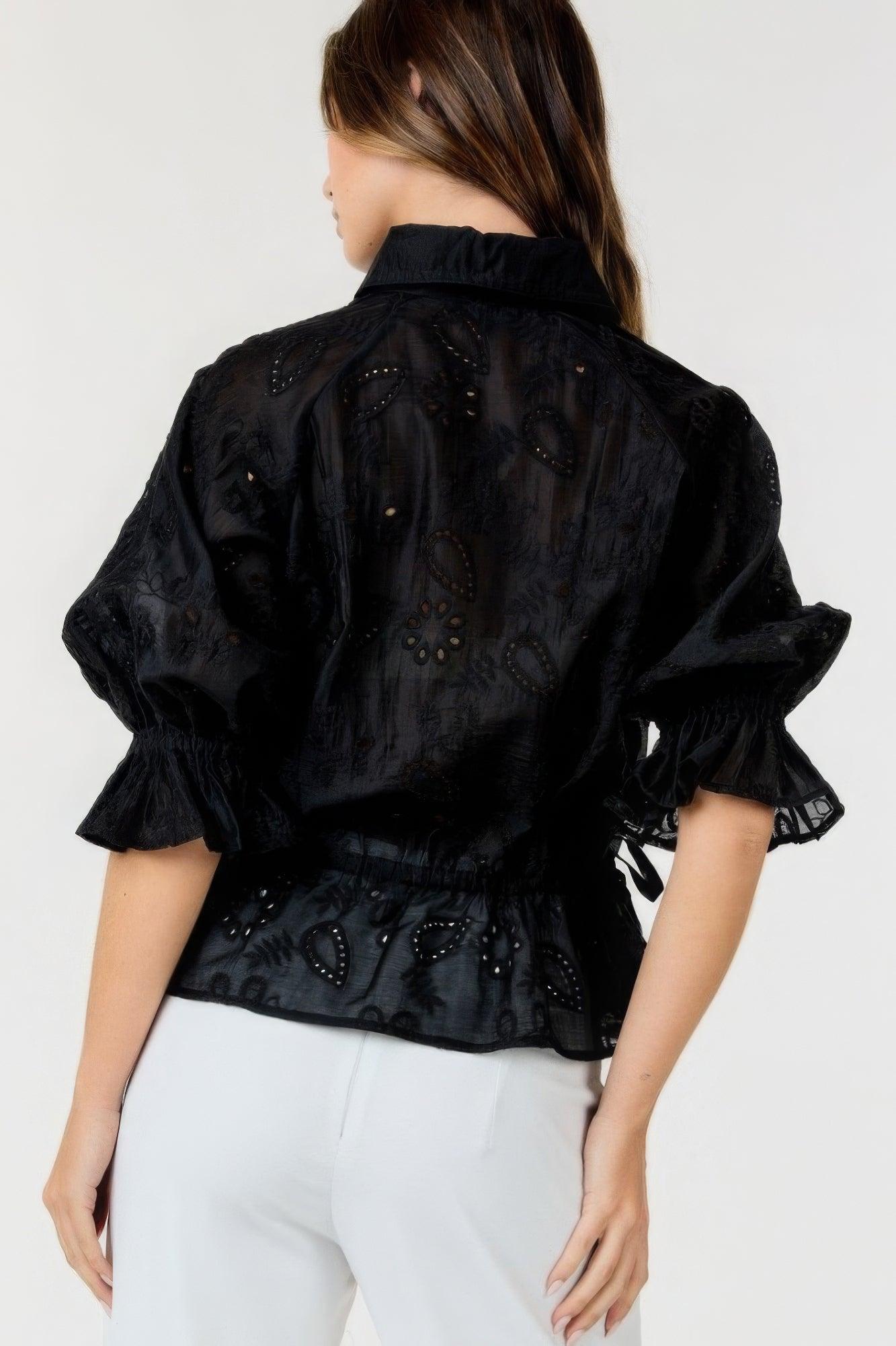 Trendmelo Black Embroidered Button-Down Collar Neck Top for Women