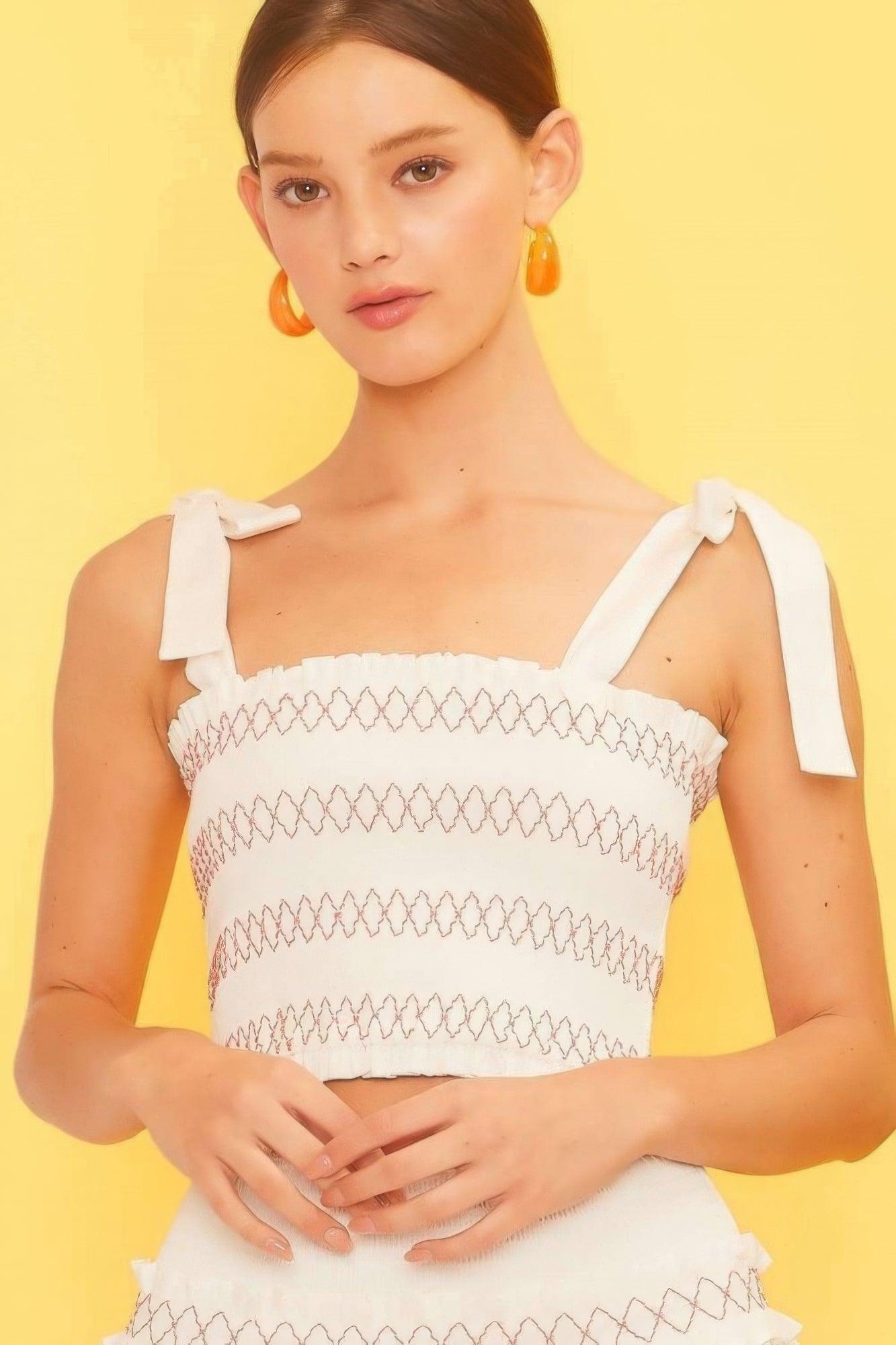 Trendmelo Women's Sleeveless Cotton Blend Crop Top with Self Tie Shoulder Smocking Ruffle in Off White