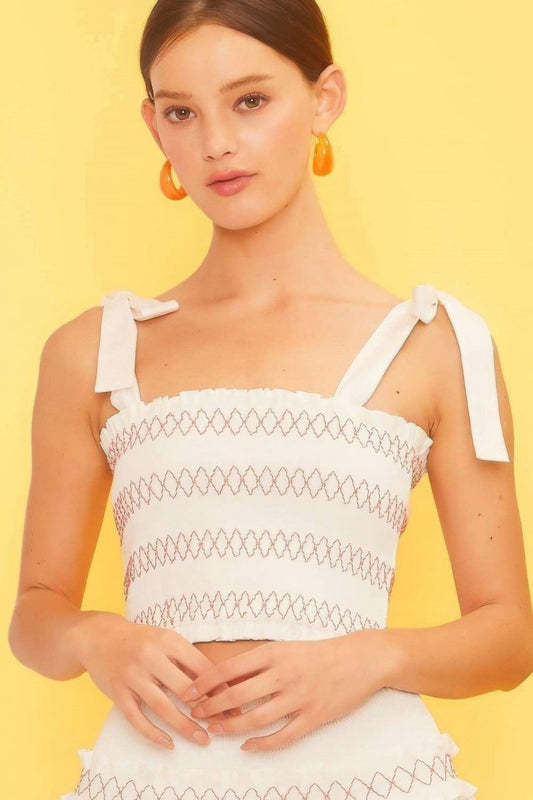 Trendmelo Women's Sleeveless Cotton Blend Crop Top with Self Tie Shoulder Smocking Ruffle in Off White