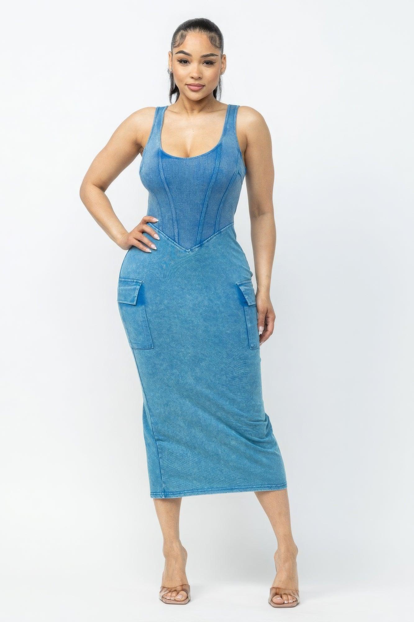 Trendmelo Acid Washed Cargo Midi Dress