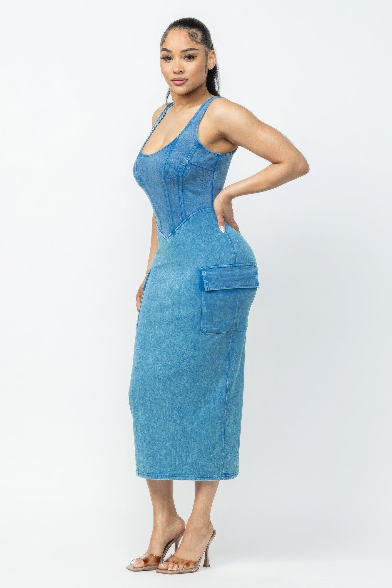 Trendmelo Acid Washed Cargo Midi Dress