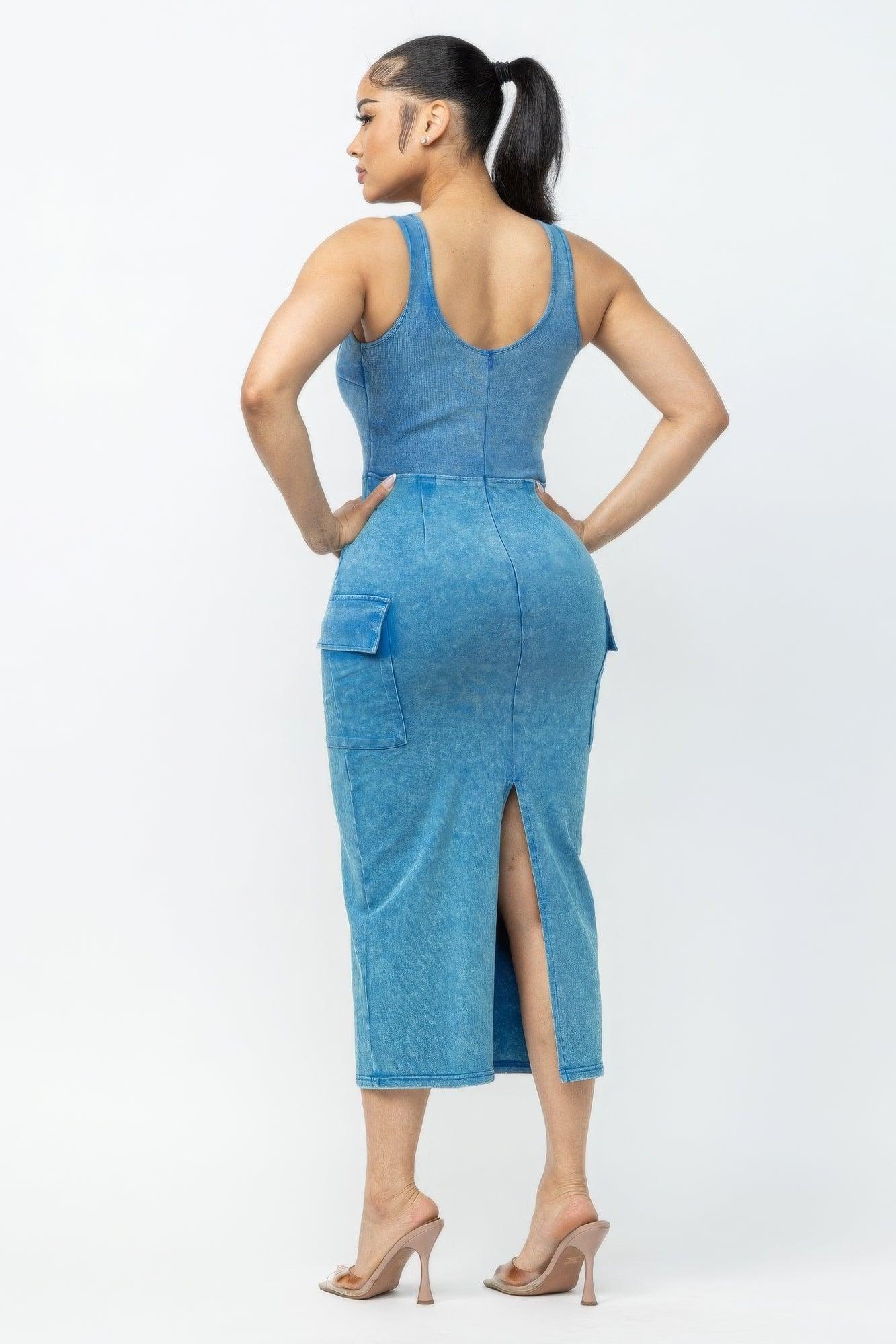 Trendmelo Acid Washed Cargo Midi Dress