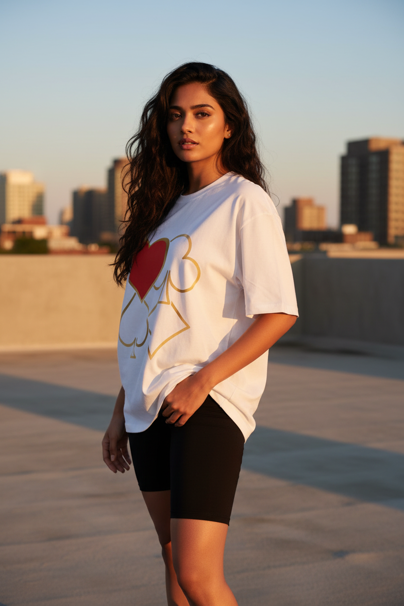 A woman stands on a rooftop wearing an oversized white graphic T-shirt with a red heart and gold spade design, paired with black biker shorts, against a blurred city skyline at sunset.