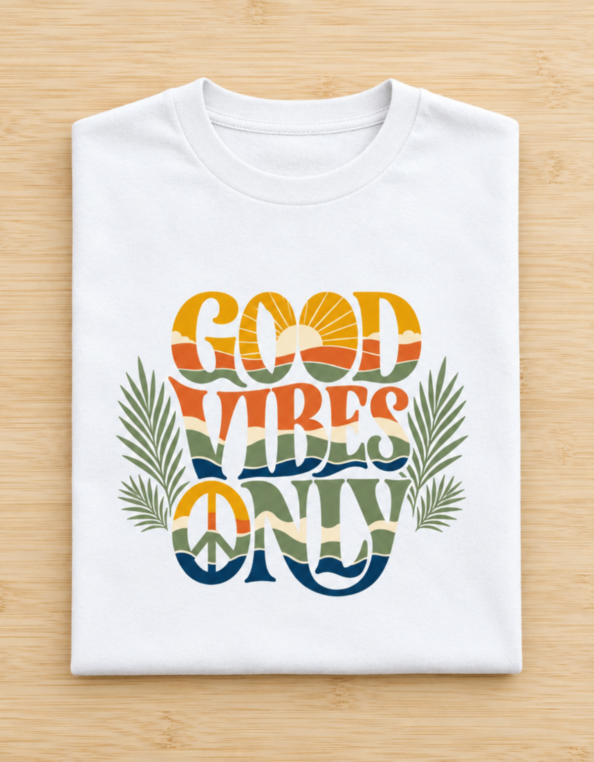 A folded white t-shirt on a light wood background, featuring a colorful retro graphic that reads 'GOOD VIBES ONLY' with palm leaves and a peace sign.