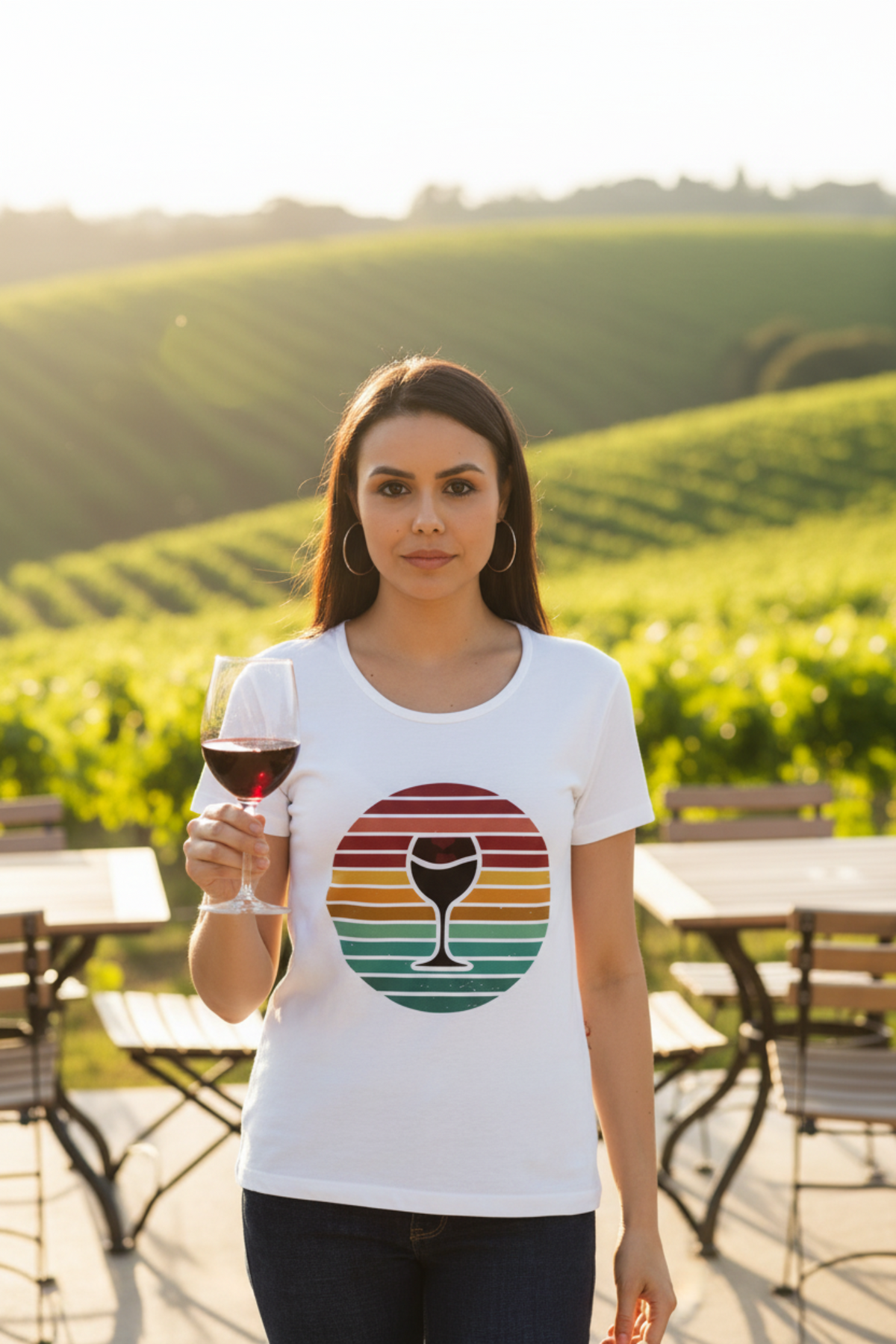 Women's Vintage Retro Sunset Sip Wine Glass Graphic T-Shirt in White, Light Grey & Soft Yellow