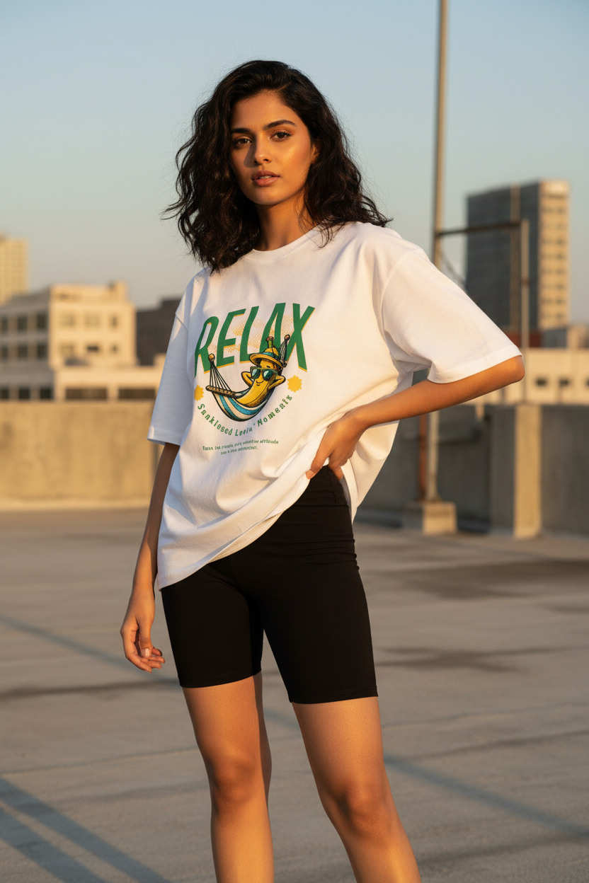 A woman stands on a rooftop wearing an oversized white graphic T-shirt with green 'RELAX' lettering and a yellow banana illustration, paired with black fitted shorts. The background shows a blurred city skyline at golden hour.