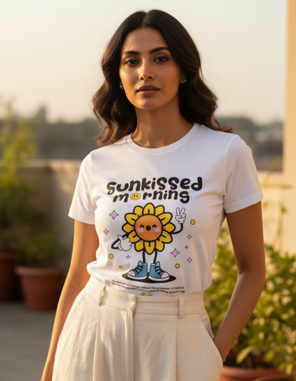 A woman wearing a white graphic T-shirt with a cartoon sunflower and the text 'sunkissed morning' stands outdoors on a balcony with potted plants in the background.