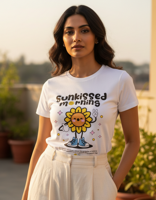 A woman wearing a white graphic T-shirt with a cartoon sunflower and the text 'sunkissed morning' stands outdoors on a balcony with potted plants in the background.