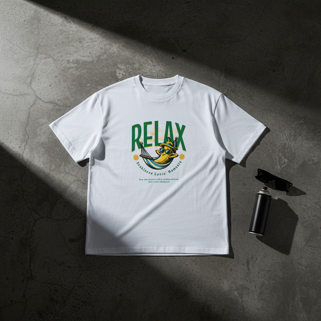 A white short-sleeve graphic T-shirt laid flat on a textured gray concrete surface with dramatic diagonal shadows. The shirt features a green 'RELAX' graphic with a yellow cartoon fish wearing a hat and sunglasses, plus smaller text reading 'FISHING LOVES SUNSHINE.