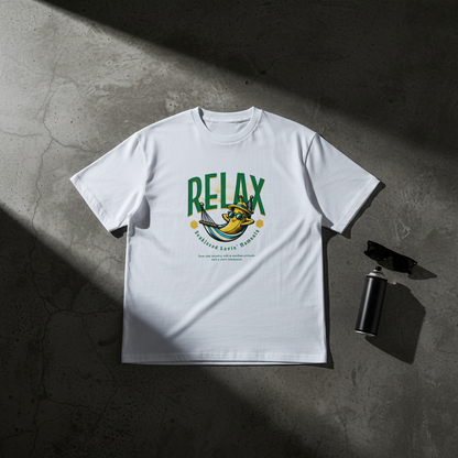 A white short-sleeve graphic T-shirt laid flat on a textured gray concrete surface with dramatic diagonal shadows. The shirt features a green 'RELAX' graphic with a yellow cartoon fish wearing a hat and sunglasses, plus smaller text reading 'FISHING LOVES SUNSHINE.